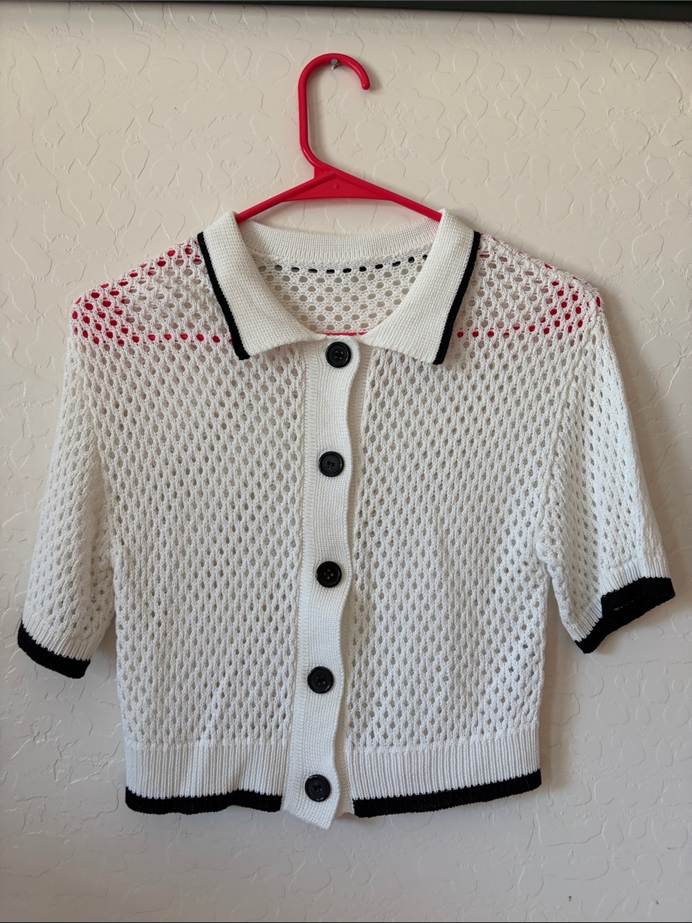 White Knit Polo Cardigan with Black Trim 100% VISCOSE